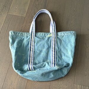 Blue Canvas Tote Bag with Striped Handles